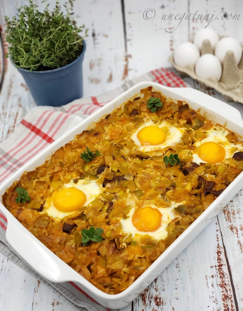 Burani në tavë me presh dhe oriz